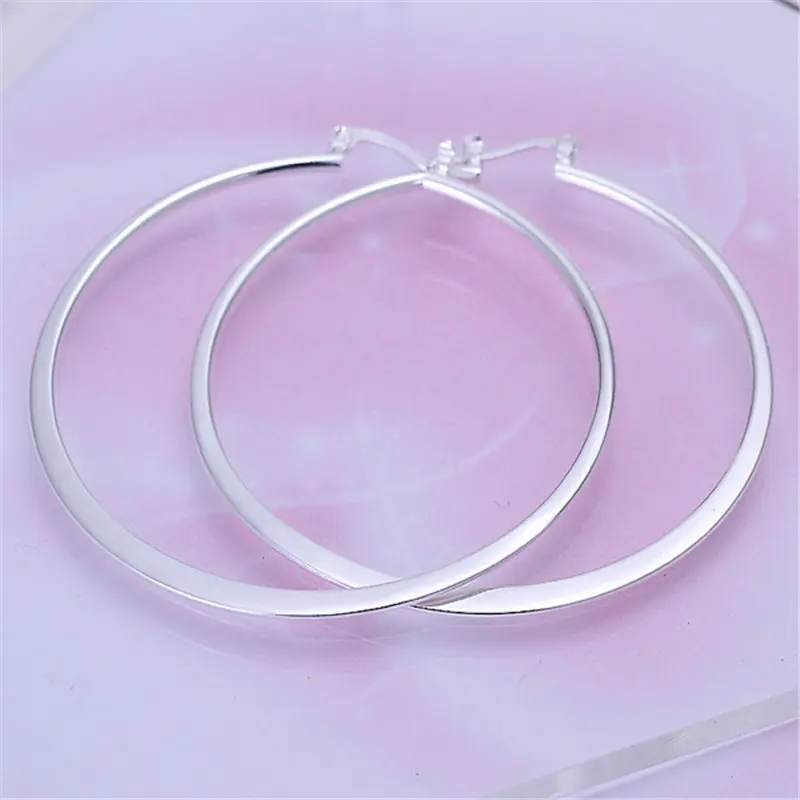 Wholesale 925 Sterling Silver 55MM Simple Flat Circle Hoop Earrings For Women Fashion Party Favors Wedding Jewelry Charm