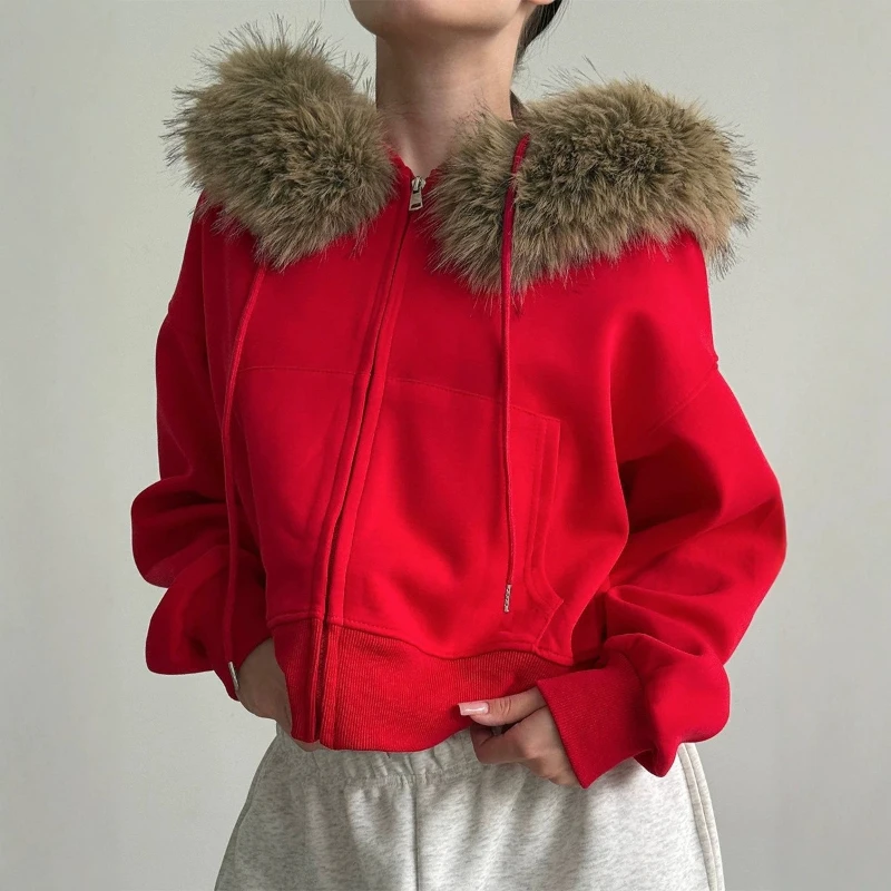 Tsiisd Women Faux Fur Trim Hooded Zip Up Sweatshirt Ribbed Cuff Hem Pocket Streetwear Warm Winter Jacket Women's Hoodies Coat