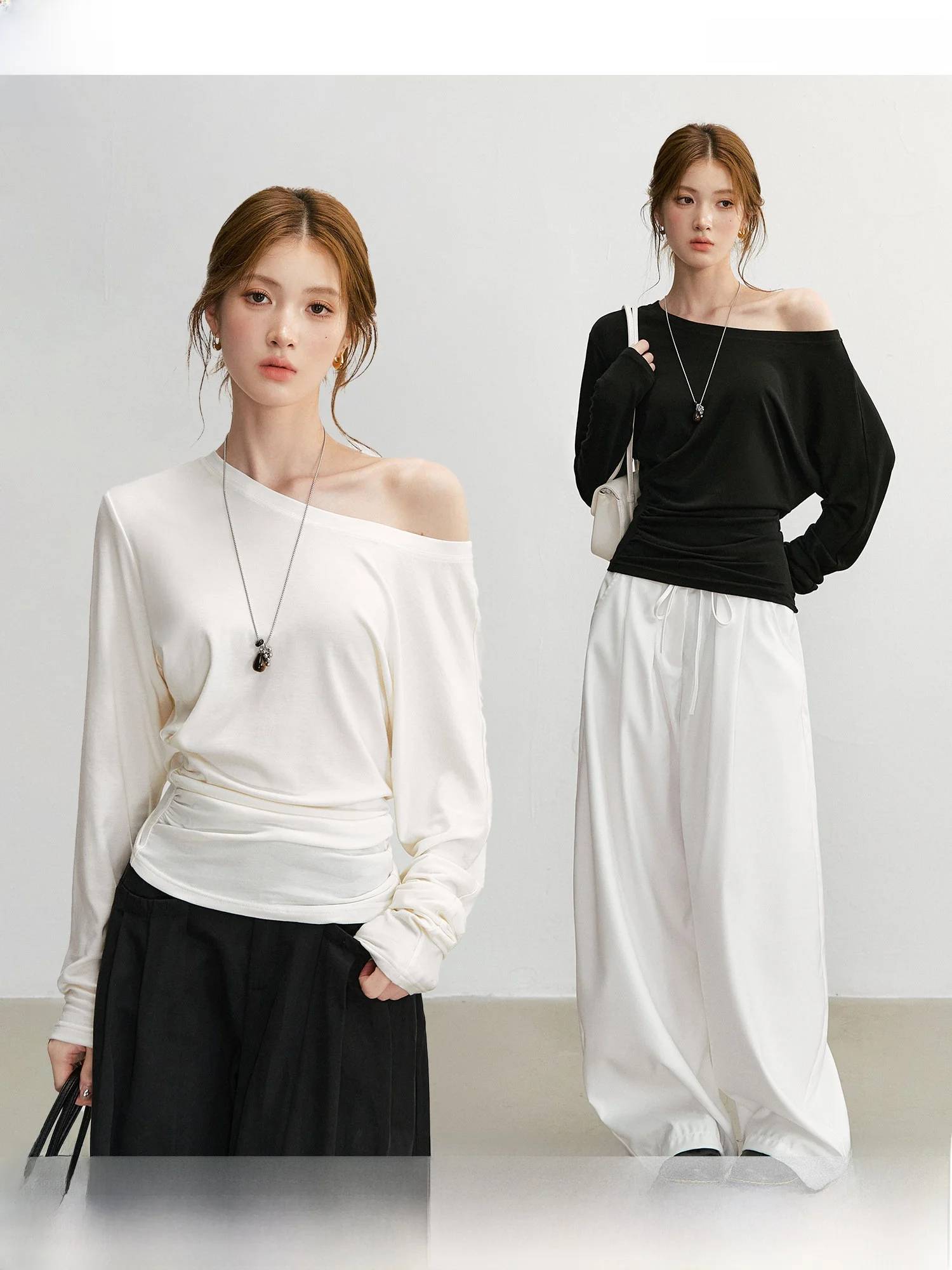 QDQD Casual Style Long Sleeve T-Shirt Wool Blend Slimming Waist Design Shoulder Bared Neckline Polyester Fabric Ladies Top