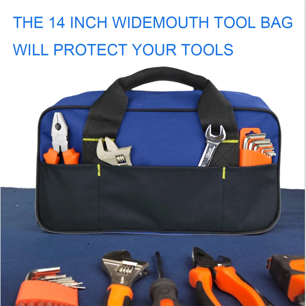 14-Inch Tool Bag, Large Capacity Wide Mouth Tool Bag for Men, Portable Zippered Handbag, Heavy Duty Waterproof Tool Tote Storage