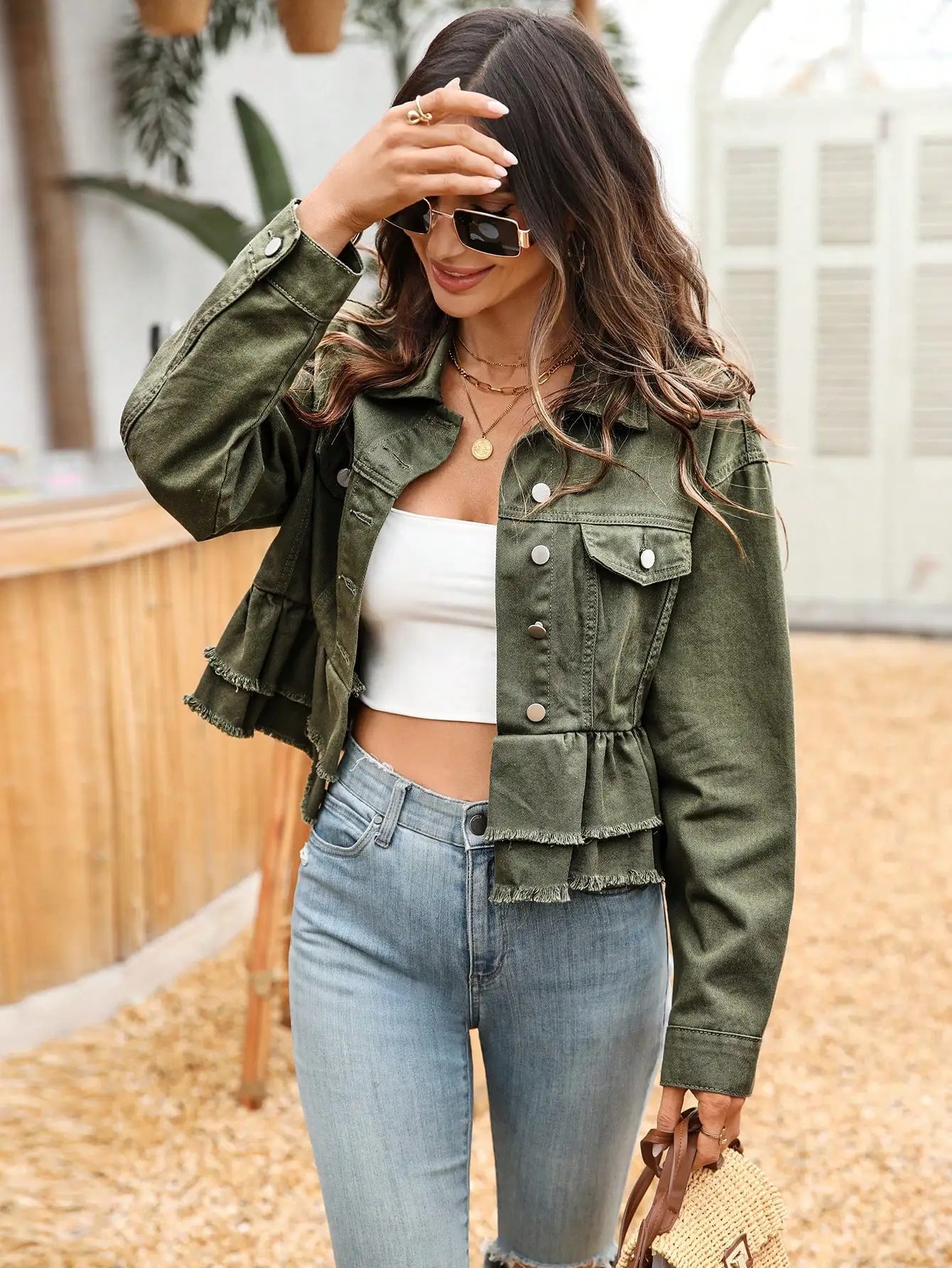 

Olive Green Ruffled Hem Denim Jacket for Women, Casual Short Military Style