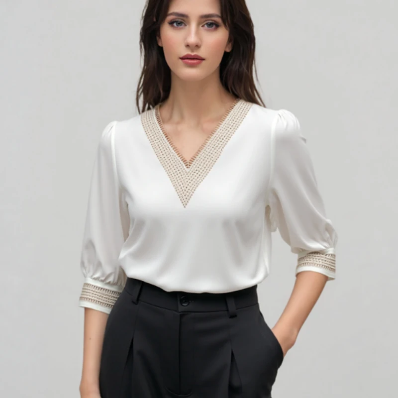 2025 élégant broderie demi manches blanc femmes Blouses col en v lâche en mousseline de soie hauts décontracté dentelle chemise bureau dame Blouse 13366