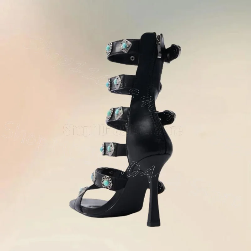 

Metal Beads Buckle Black Hollow Design Sandals Back Zipper Women Shoes Thin High Heels Open Toe Party 2026 Zapatos Para Mujere
