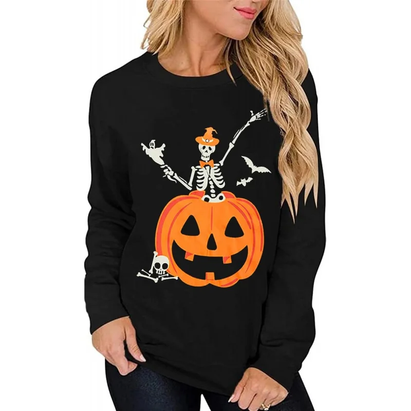 

Women's Halloween Funny Skeleton T-Shirt Pumpkin Face Long Sleeve Novelty Cotton Costume Top Tees