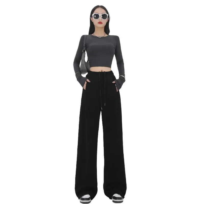 

New Warm Thick Women Wide Pants Traf 2023 Winter Plus Velvet Elastic High Waist Loose Sports Pant Female Trousers Grey Y2K