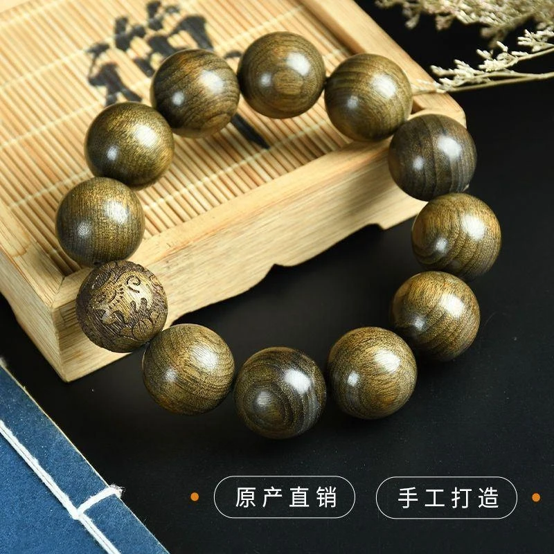 Sichuan golden nanmu bracelet made from aged ebony wood, finely crafted men's collectible with water ripple pattern and twelve z