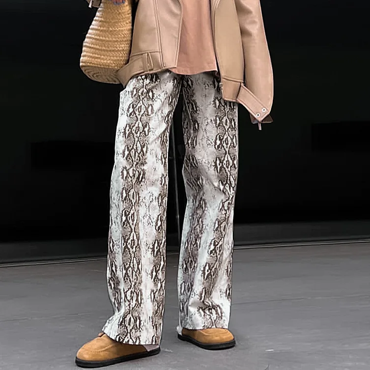 Seksowne spodnie damskie w wężowy wzór, luźne, z wysokim stanem, elastyczną talią, codzienne, długie spodnie, letnia moda, nowość, transgraniczne.