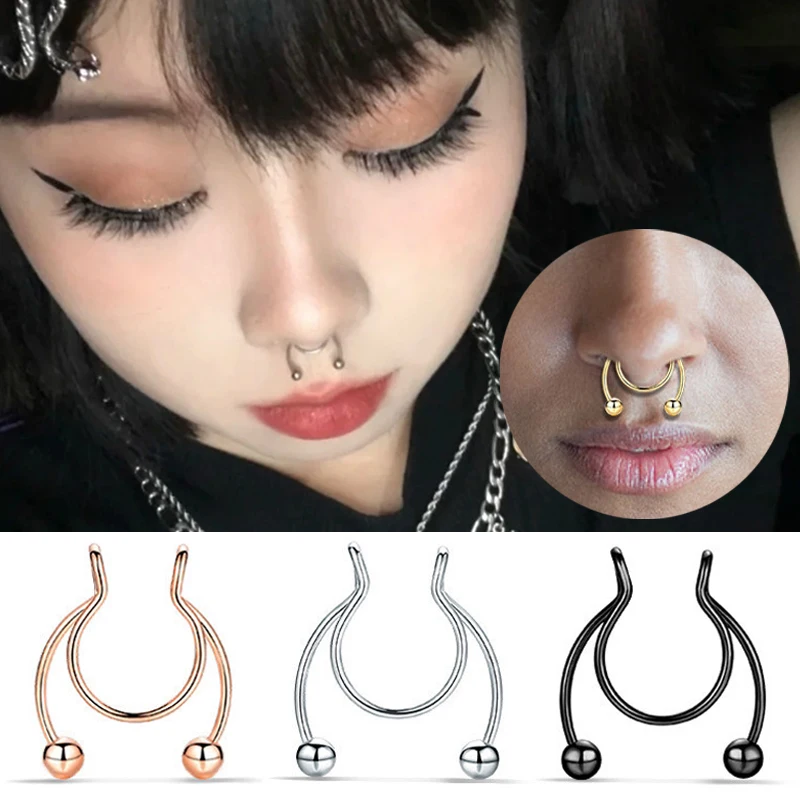 Ins Trendy Basic Cool Stainless Steel U-shaped False Nose Ring  No Piercing Ball Deer Antler Nasal Septum Nose Clip Body Jewelry