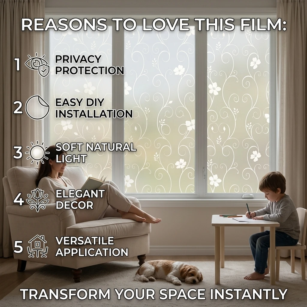 Floral Self-Adhesive Privacy Glass Sticker Curly Vine Flower Frosted Window Film Waterproof UV Block Removable No Residue for Ho