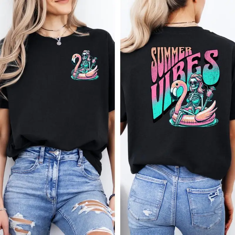 

Summer Vibes Skeleton T-shirt Women Retro Funny Flamingo Beach Vacation Graphic Tee Oversized Streetwear Summer Top