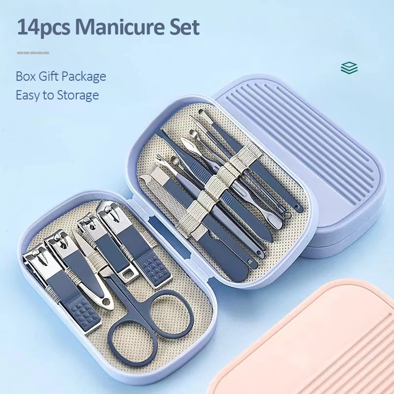 Set de lujo de 14 piezas de manicura y pedicura en acero inoxidable rosa y azul, tijeras, cortaúñas, cuchara para oídos, para hombres y mujeres 3