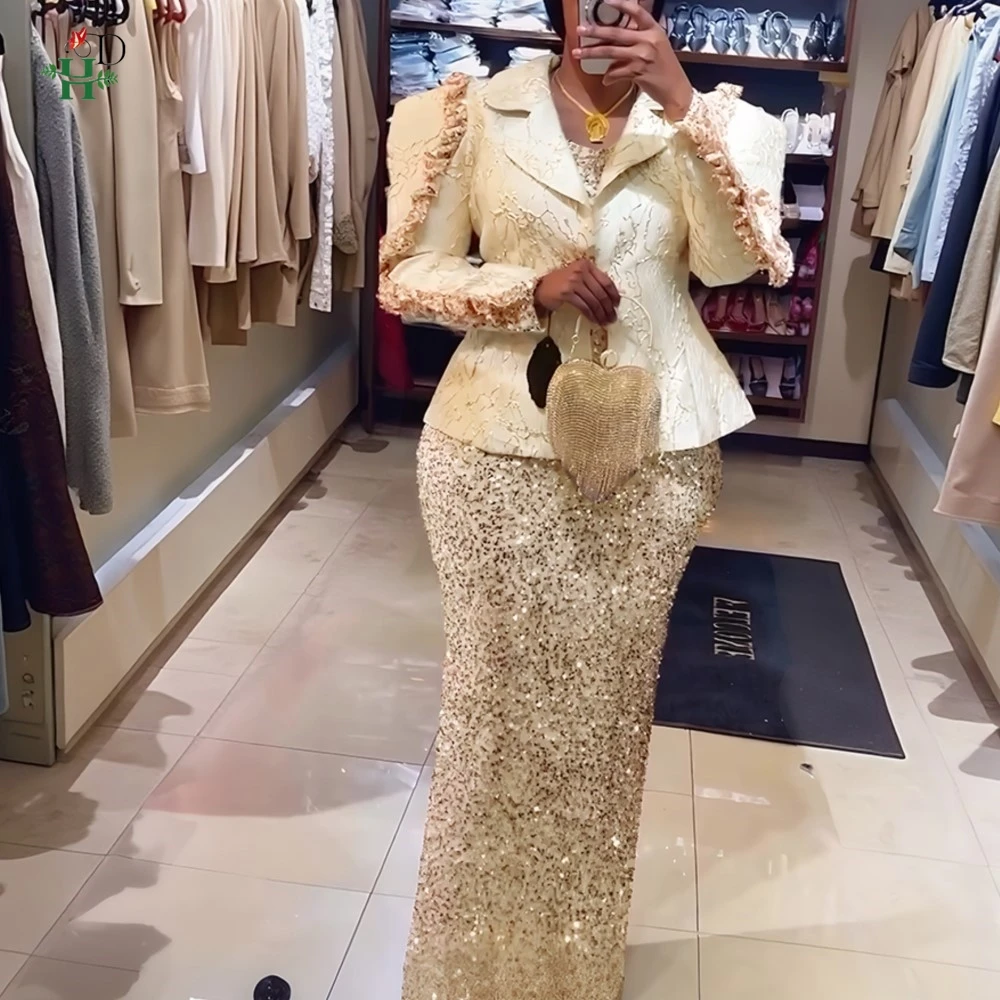 فستان أفريقي جديد للمرأة فستان تركيا سترة بروكيد لامعة مكشكشة الكتف مطرزة فستان ماكسي حفل زفاف أفريقيا الملابس