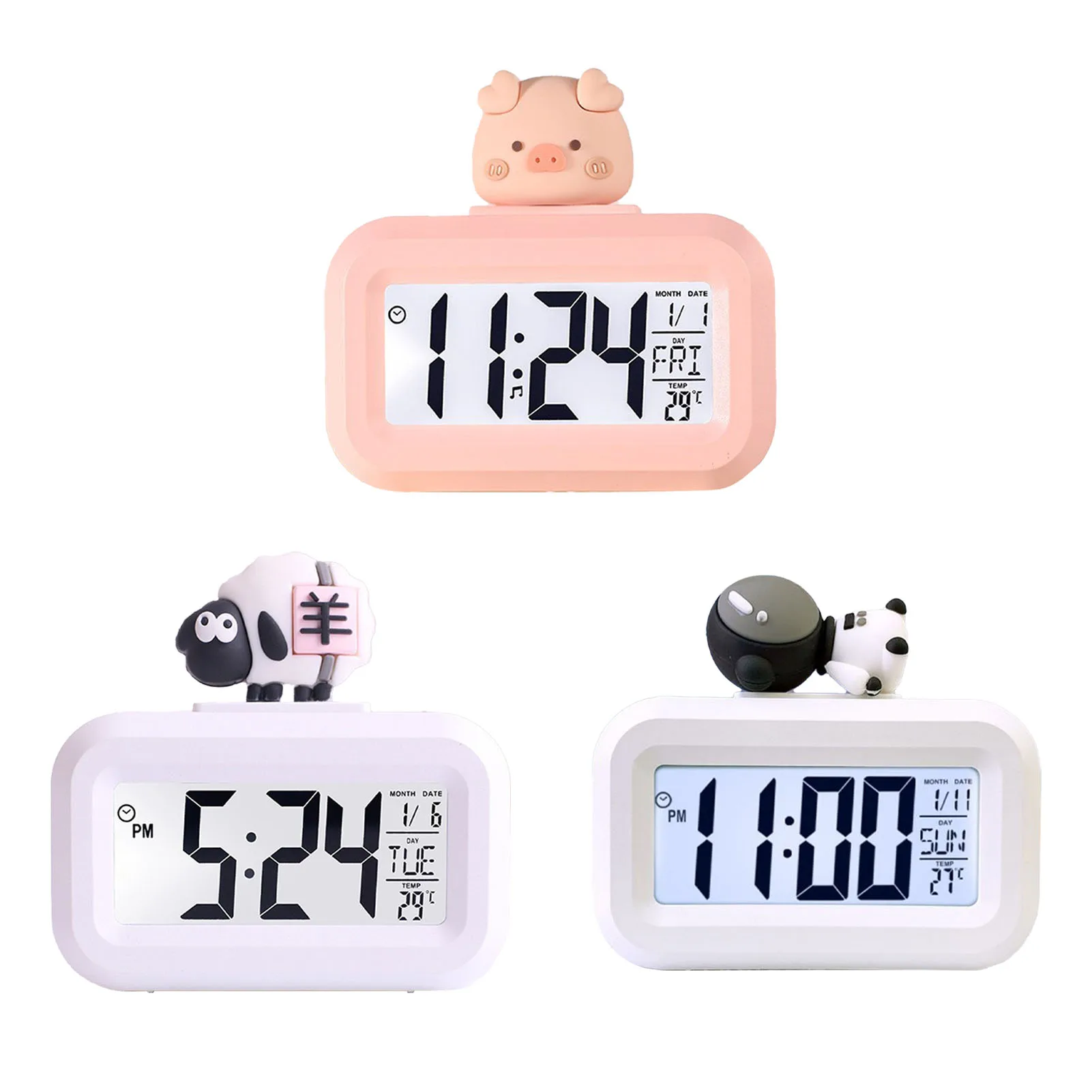 ساعة إلكترونية كرتونية لطيفة مع شاشة ليد ، منبه سطح المكتب ، البيانات ، الوقت ، التقويم ، درجة الحرارة