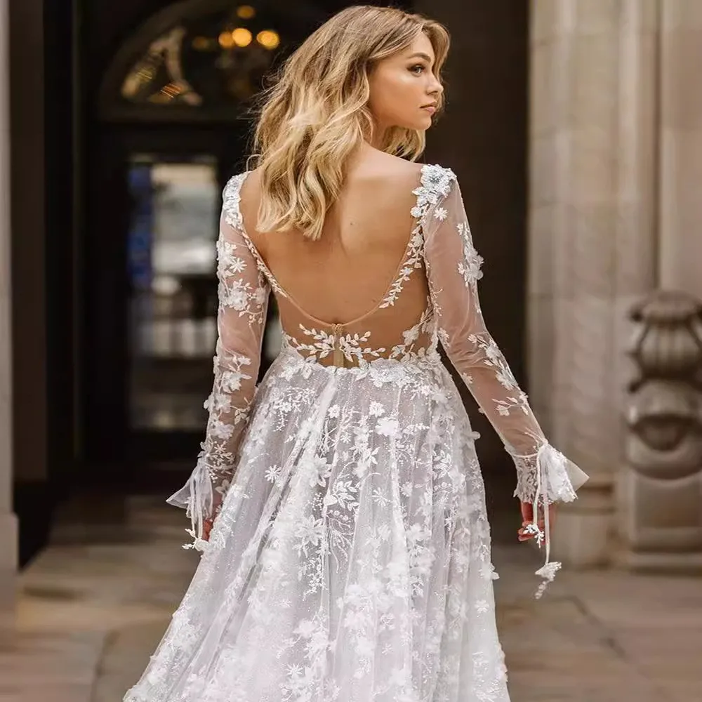 Mid Waist Long Sleeve Gown Elegant with Maxi Length Regular Sleeve Beaded Hollow Out Long Dress Deep V Neck Beach for Women
