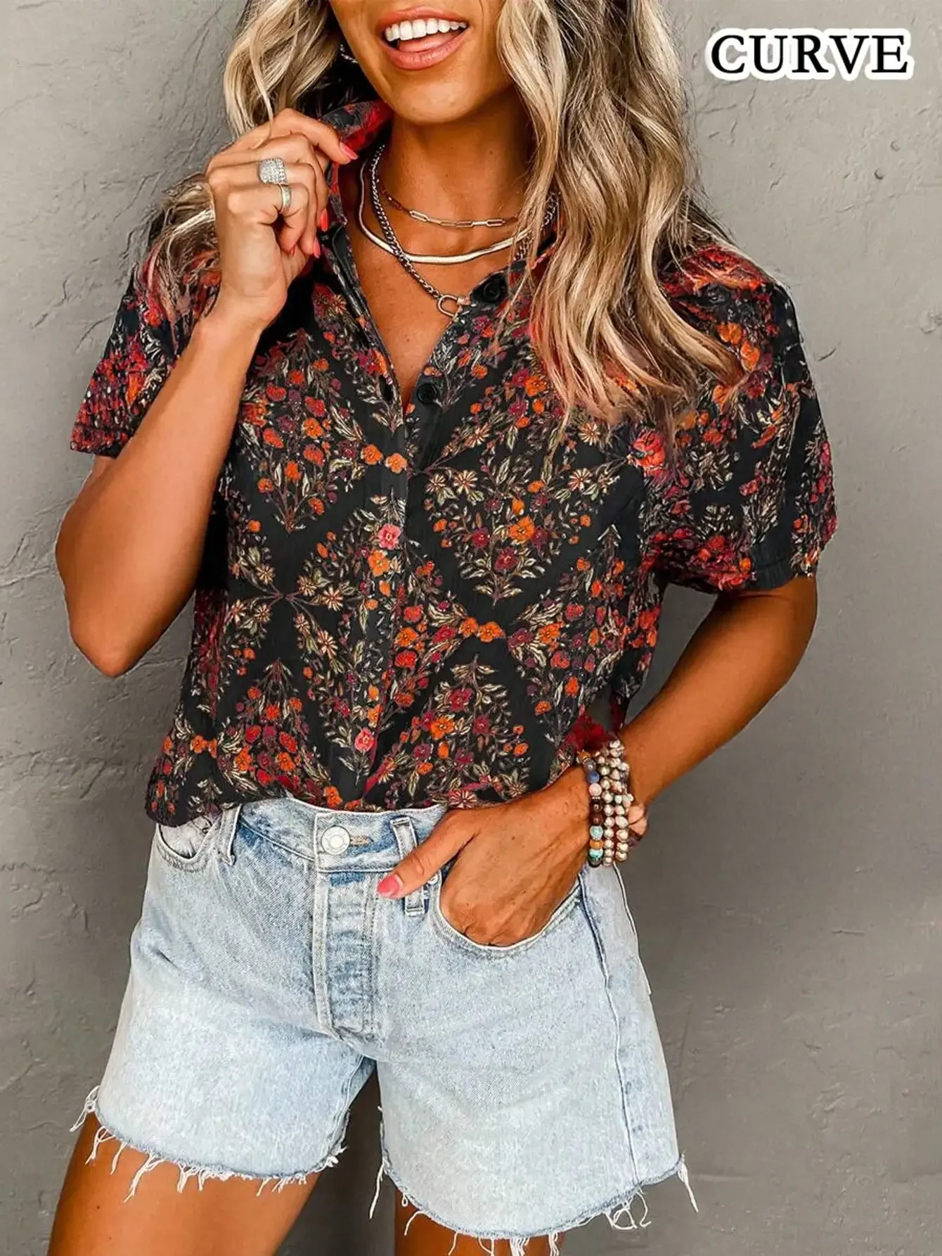 Damenmode Plus Size 1XL-5XL Blumendruck Kurzarmhemd Bluse Damen Casual Flip Collar & Button Front Boho Bluse