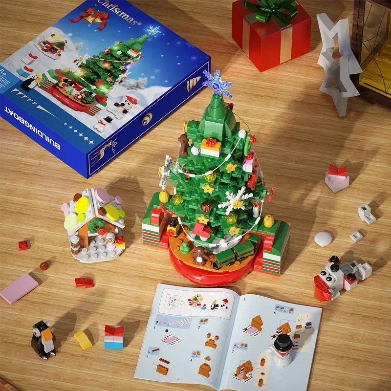 Christmas Tree and Decorations Santa Claus Sleigh Snowman Building Blocks Toys Suit with Light Kit for Children\'s Gifts