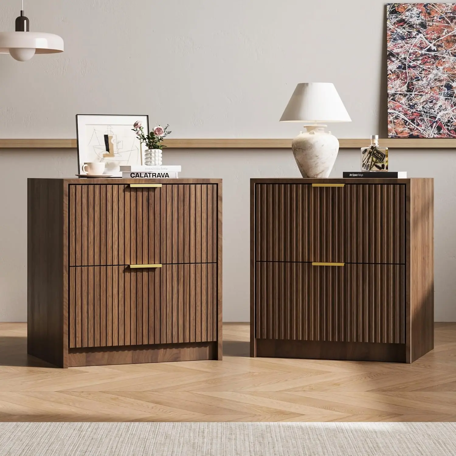 

Fluted Nightstands Set of 2 with 2 Drawers, 19.6" Modern Storage Bedside Table with Golden Metal Handles, Walnut