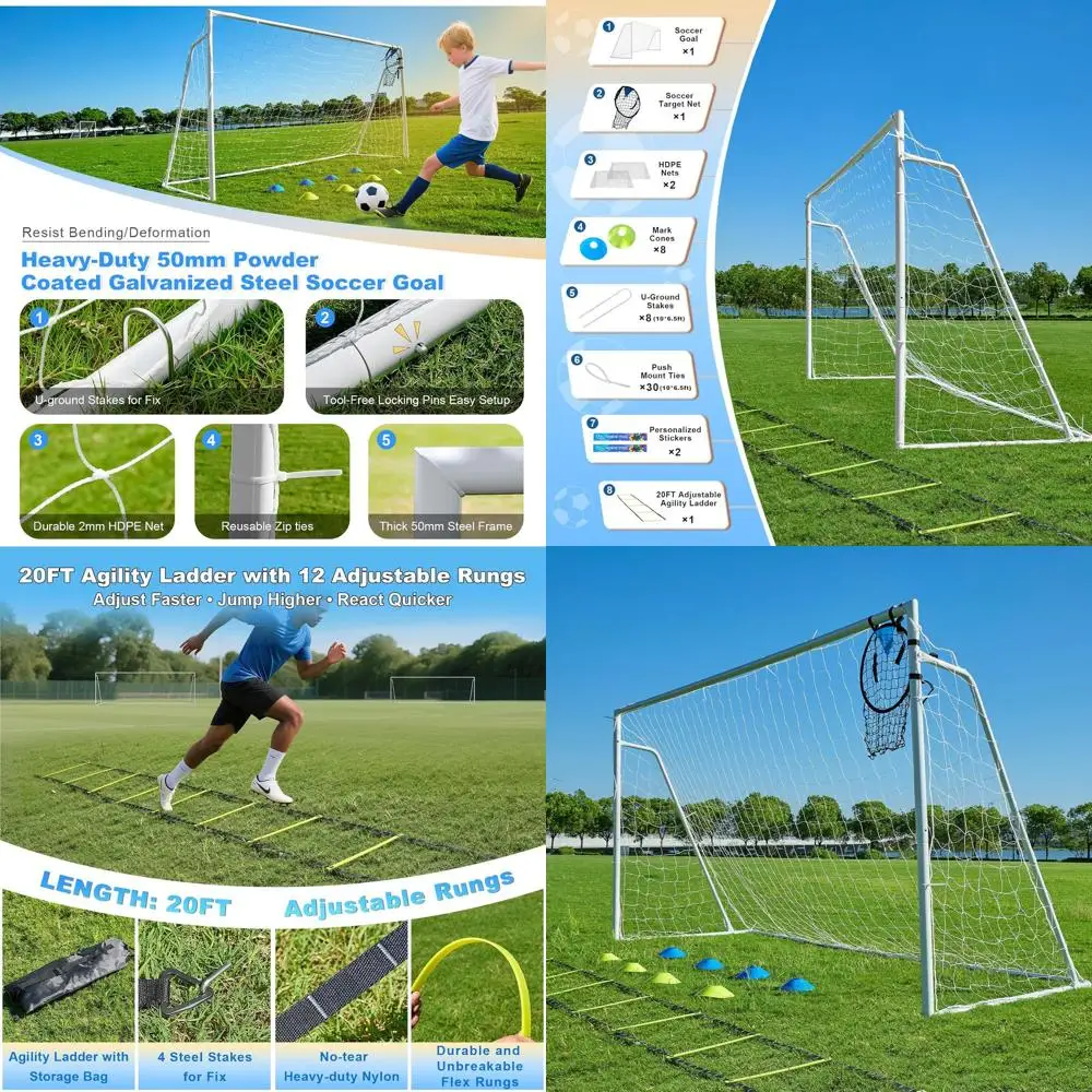 

Большие металлические футбольные ворота 12x6, 10x6.5, 8x6, 6x4 для молодежи и взрослых - в комплекте лестница для тренировки ловкости, сетка для мишеней и конусы.