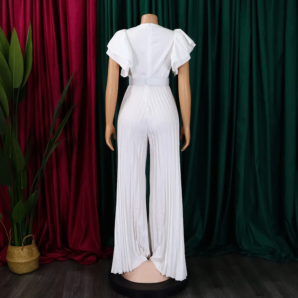 Elegant Pleated Jumpsuits & Rompers for Women V Neck Ruffles Belt Waisted High Waisted Floor Length Luxury Birthday Party Outfit