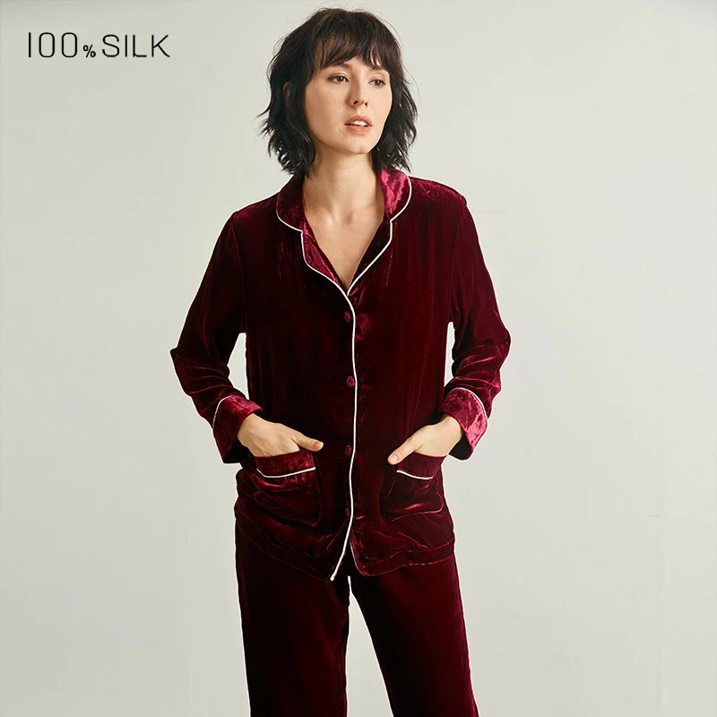 Autumn Winter New Women's 100% Mulberry Silk Pajamas Set Thick Velvet Warm Sleepwear Loungewear Outfit