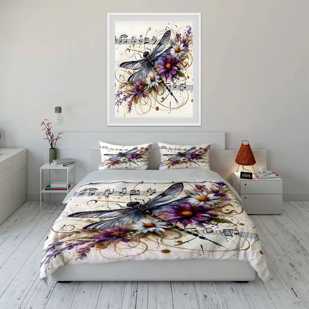 Dragonfly and Flowers with Musical Notes Print Soft Comfortable Duvet Cover Bedding Set Included 1*Duvet Cover  2*Pillowcases