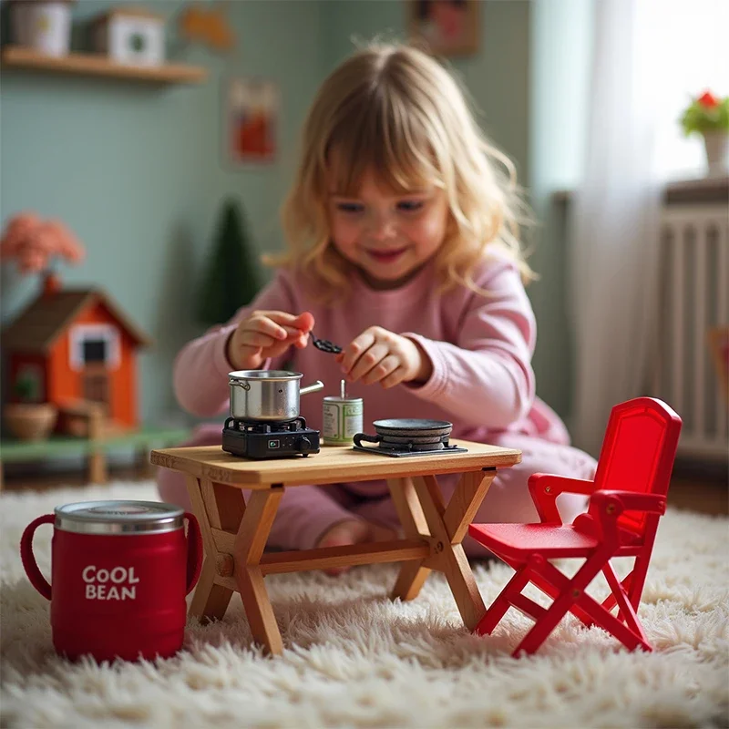 Simulação mini piquenique conjunto de acampamento casa de bonecas decoração cena ao ar livre mesas dobráveis cadeira fezes cassete fogões criança fingir jogar brinquedo
