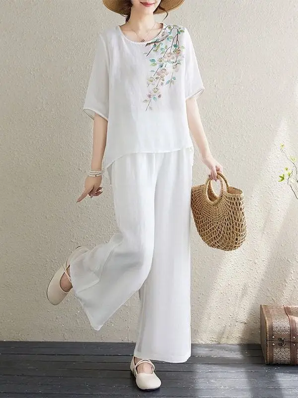 

Летний повседневный комплект из хлопка и льна, женские тонкие широкие брюки с принтом, комплект из двух предметов, удобный дышащий длинный круглый свеч...