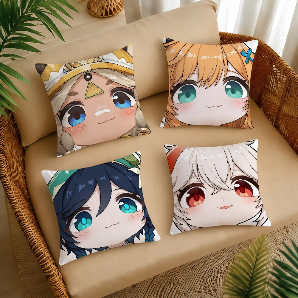 Genshin Impact Face Game Cute Q-version Cushion Cover Square Decorative Throw Pillow Case Sofa Bed Living Room Anniversary Gifts