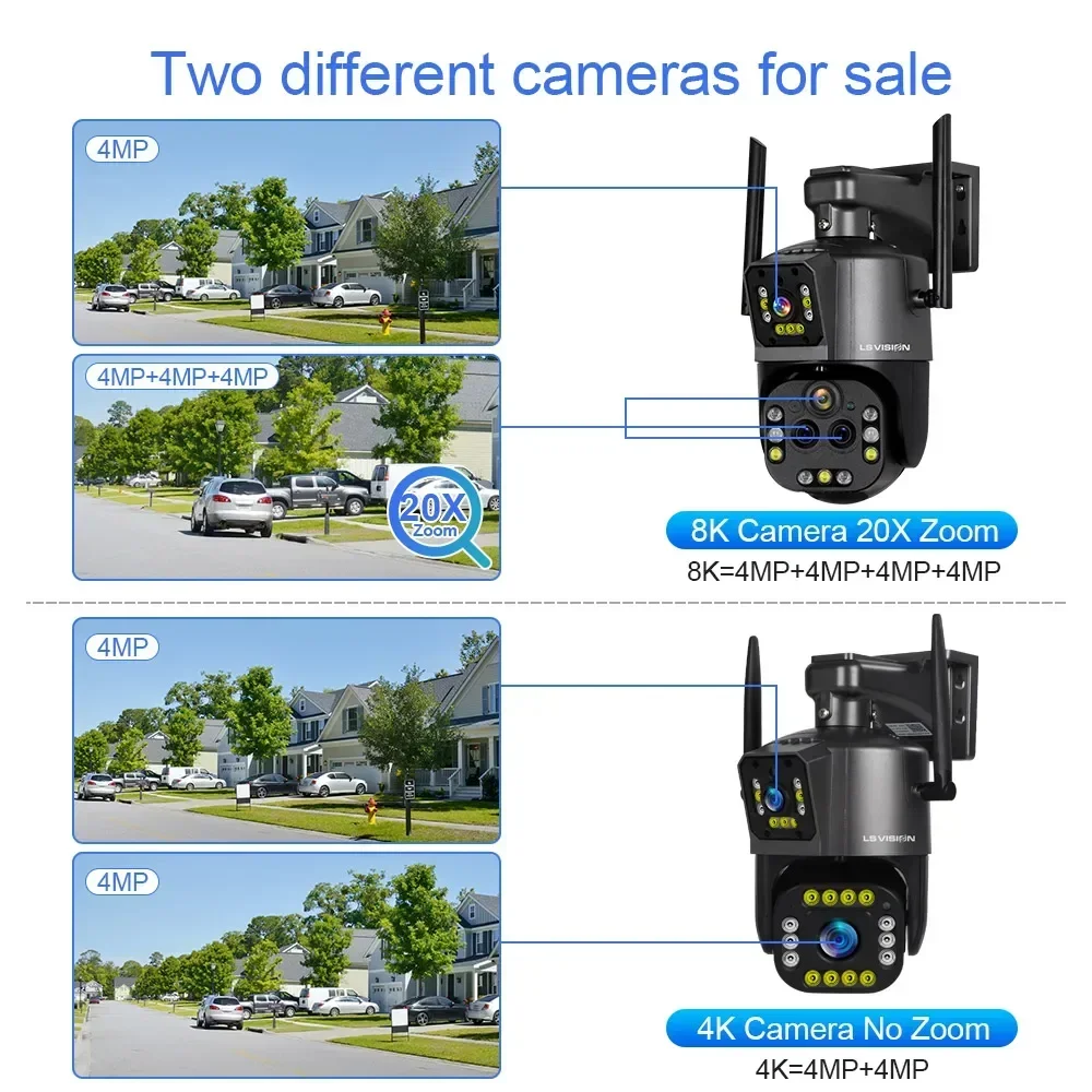 LS VISION Ultra 8K WiFi IP Camera 20X Optical Zoom Outdoor Wireless 4K Four Lens Dual Screens PTZ Cam Auto Tracking CCTV Camera