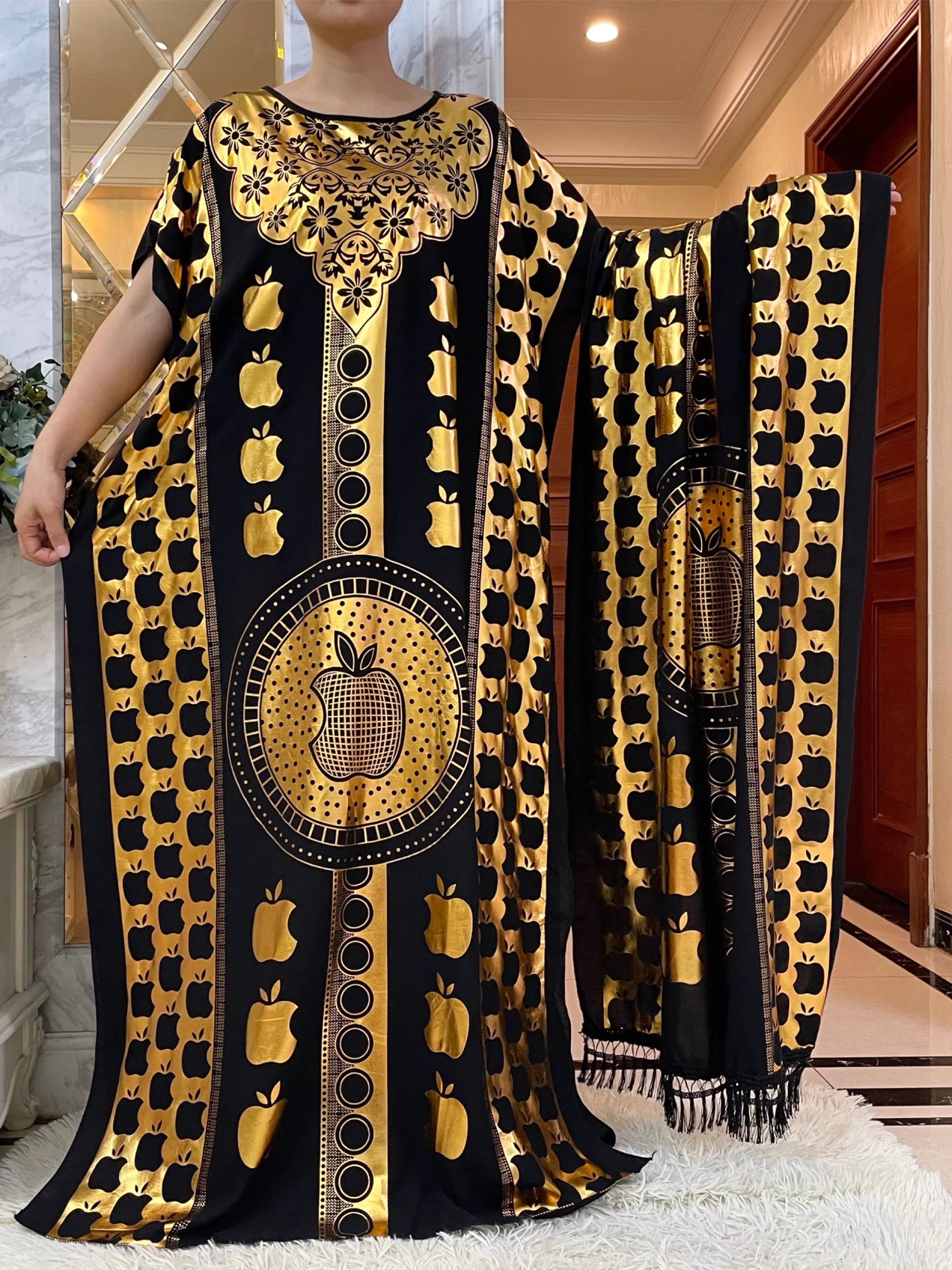 Muslim Summer Short Sleeve Cotton Robe Gold Stamping Boubou Maxi Women Femme Loose Dress With Big Scarf African Ramadan Abaya