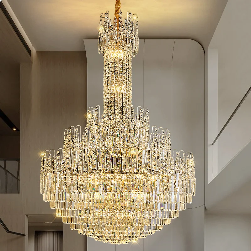 

Duplex Building Chandelier Crystal Hall Spiral Staircase Hotel Lobby Villa Light Luxury For Living Room Hollow Chandelier