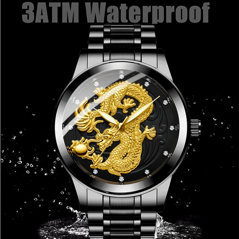 Fashion Ultra-thin New Golden Mens Watches Top Brand Luxury Chinese Dragon Quartz Watch Business Stainless Steel Mens Watch S666