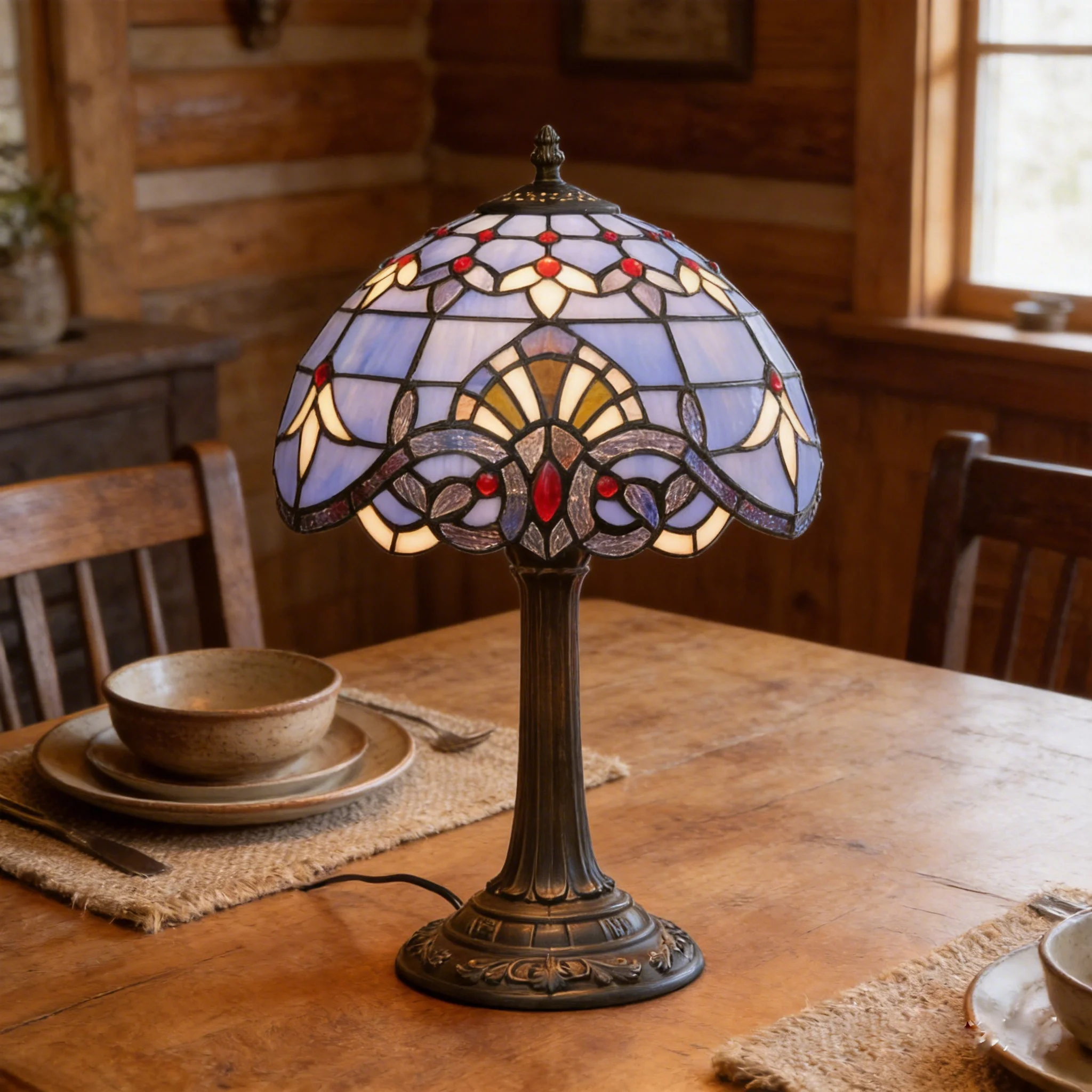 Tiffany Table Lamp Blue Baroque Style Stained Glass Lamp 12 Inch Antique Lamp for Office Home Bedroom Living room