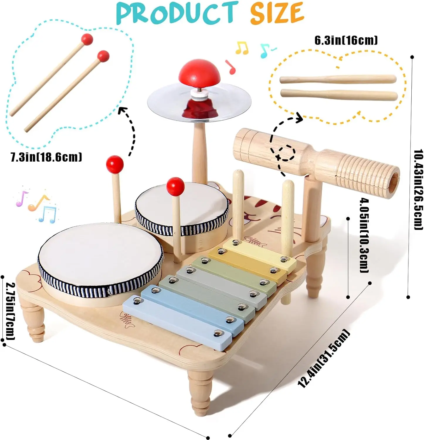 Xilófono de madera y batería multifuncional para niños pequeños y bebés - Juguete de instrumentos musicales de percusión Montessori