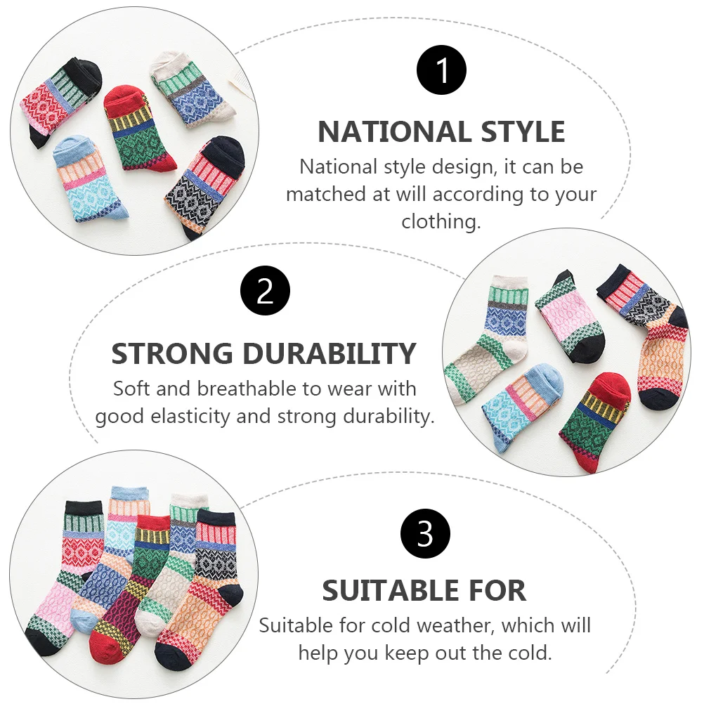 

5 Pairs Women Wool Socks Warm Ethnic Style Vintage Thermal Christmas Cold Weather Soft Breathable Durable Long Lasting Use
