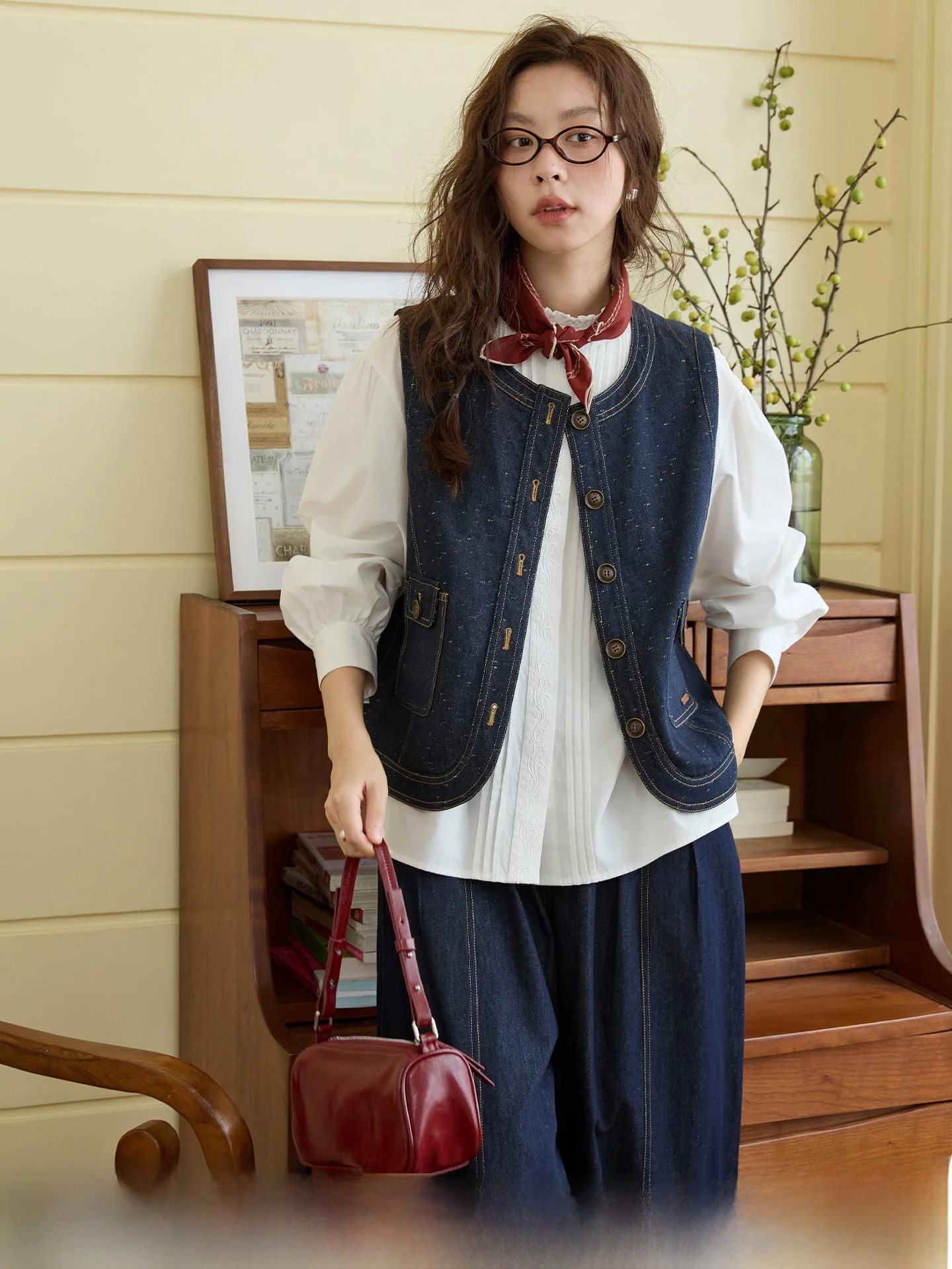 

Double-Sided Wear Denim Vest Artistic Retro Pattern Layering Tank Top Cotton Polyester Blend round Ne Mid-Length Vest