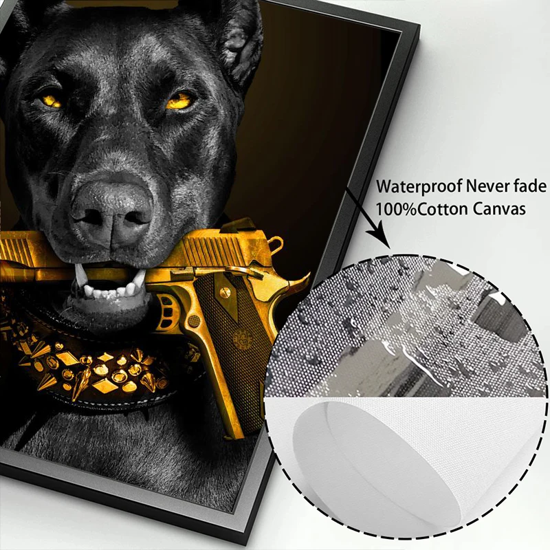 الموضة الحديثة كلب أسود دوبيرمان الأسد مع ملصق مسدس ، لوحة قماش ، فن حائط حيوان فاخر ، صورة لديكور غرفة المعيشة