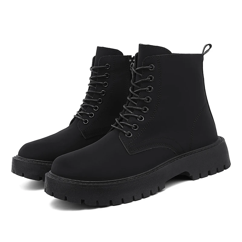 Men Matte Black Suede  Boots Side Zipper Lace Up AnkleBootsChunky Lug Platform Sole Non SlipOutdoor Motorcycle Combat Work Boots