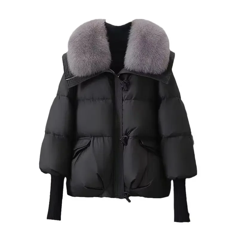 Frauen Winter Neue Pelz Kragen Puffer Unten Parka Lose Unten Wärmer Verdicken Schnee Jacke Tasche Zipper Faux Pelz Oberbekleidung Weibliche