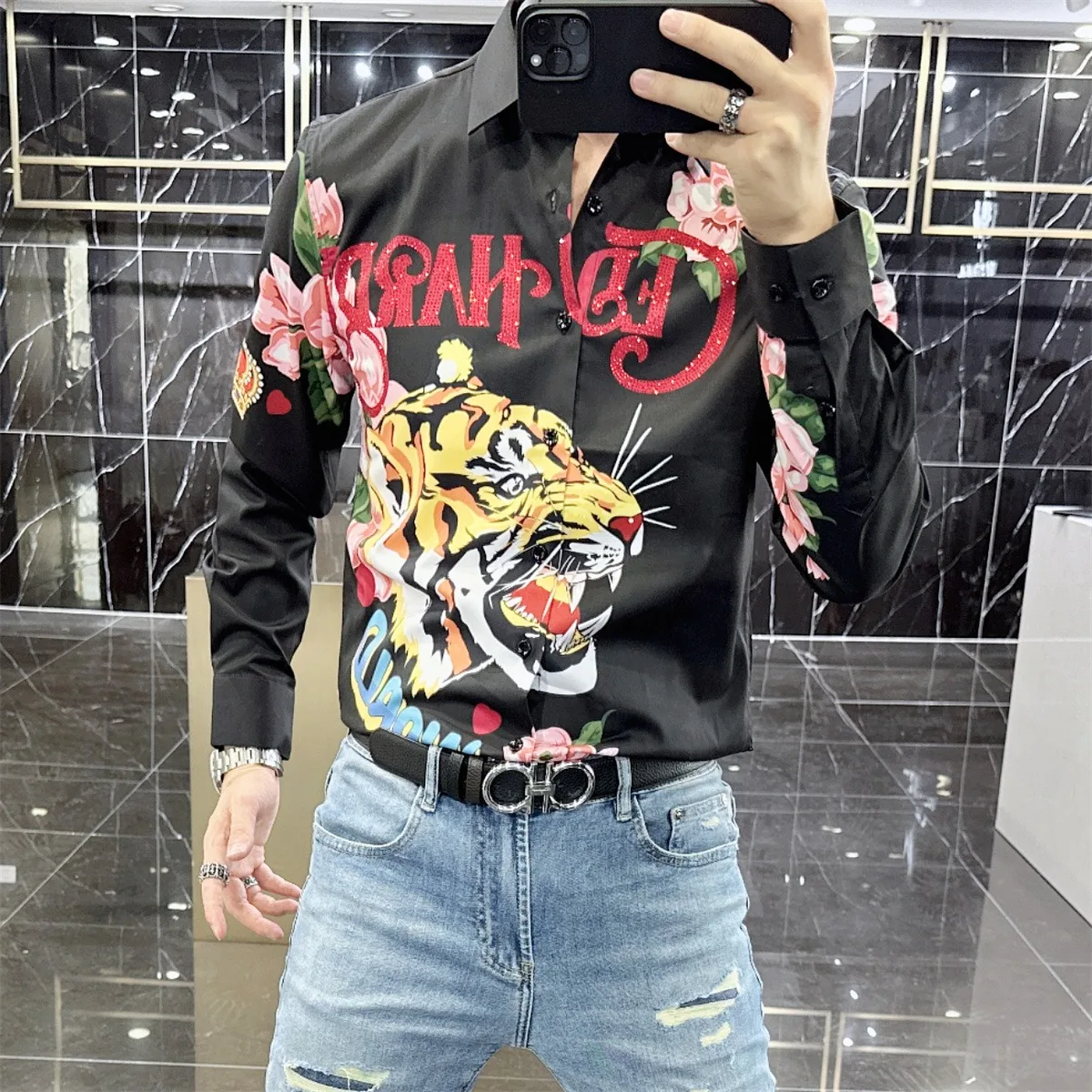 European 3D Rhinestone Shirt for Men Long Sleeve Slim Fit Casual Shirts Streetwear Social Party Tuxedo Blouse M-5XL 2023 Autumn