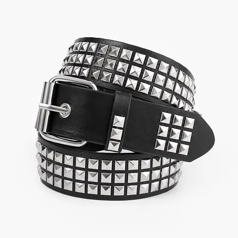 Fashionable Punk European American Pyramid and Square Bead Studded Leather Belt Trendy Niche Women’s Pin-Buckle Belts