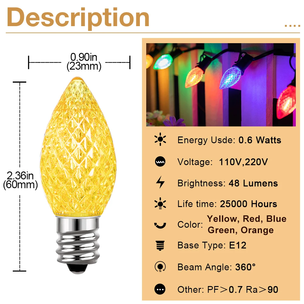 Ampoules colorées incassables E12 C7 0.6W, lampe de décoration d'anniversaire et de mariage, ampoules Led de remplacement pour guirlande lumineuse extérieure