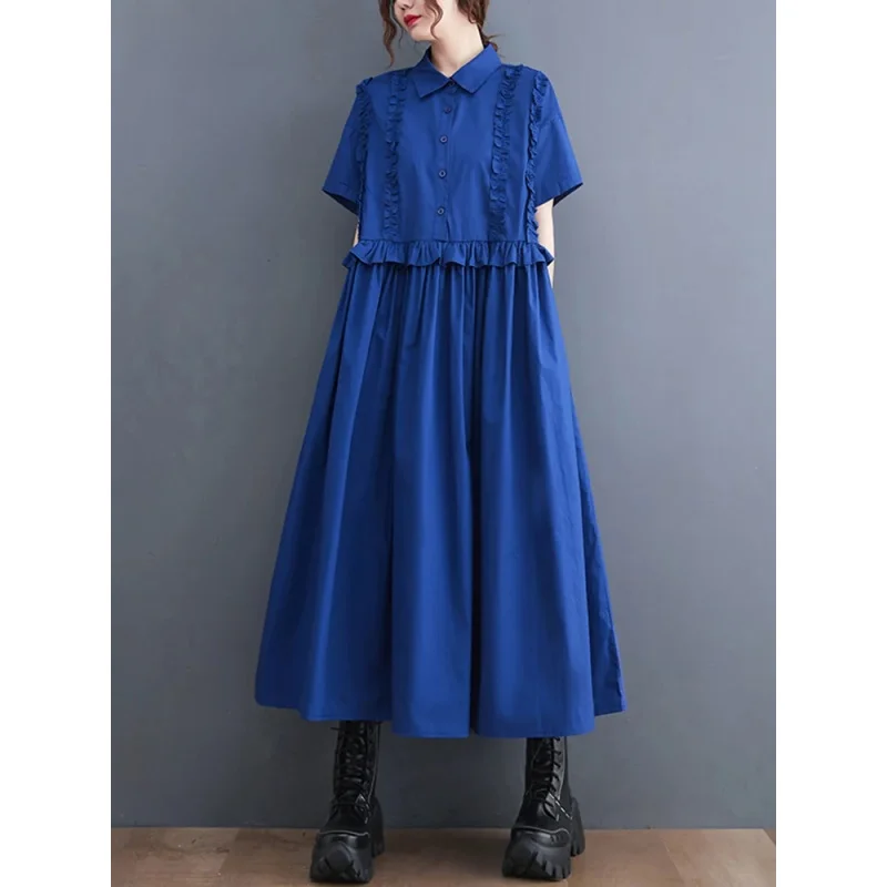 2025 Spring Summer New Patchwork Shirt Dresses For Women Short Sleeve Loose Casual Vintage Long Dress Fashion Elegant Clothing