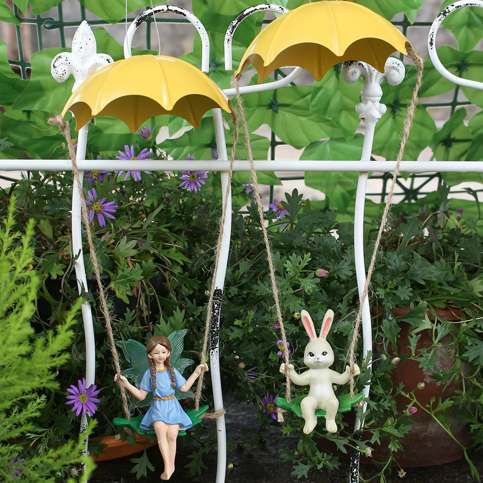 2 Pieces Parachute Fairy Bunny Hanging Decor Resin Ornament for Fence Yard