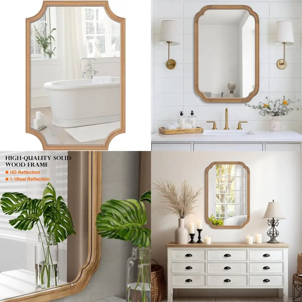 Full Scalloped Corners Arch Rectangle Mirror with Wood Frame for Entryway, Living Room, Bedroom - Wall Decor Home Accent