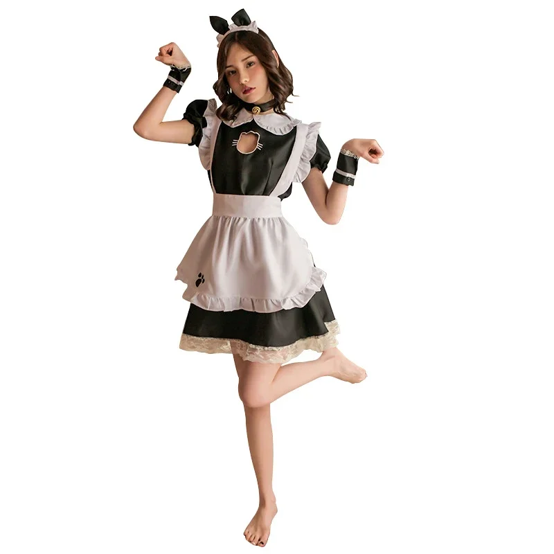 Vestido de empregada com recorte de coração gato para mulheres, uniforme preto, fantasia Lolita Cosplay, restaurante garçom, fofo, 2 estilos, café