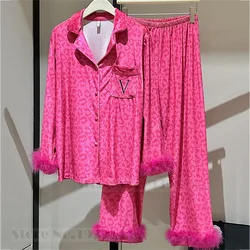 New Velvet Pajamas Sexy Luxury Leopard Feathers Female Loungewear Sleepwear Trouser Suits Autumn Winter Velour Homewear Pyjama