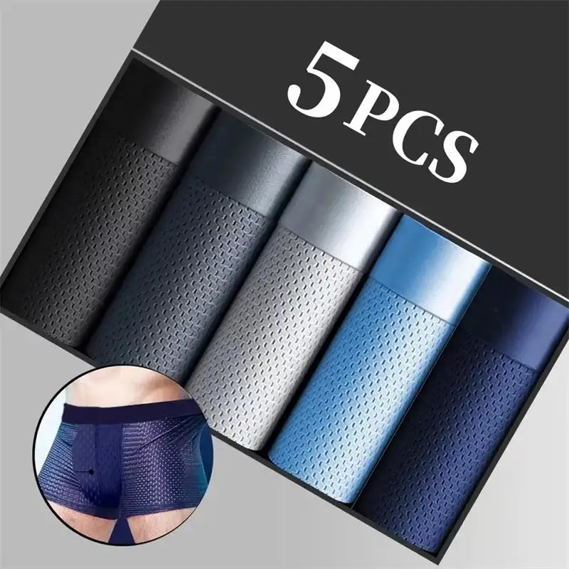 5Pcs/Men's Underwear Men's Panties Sexy Boxer Mesh Breathable Solid Color Briefs Thin Boxer Comfort Boxer Bamboo Hole Large Size