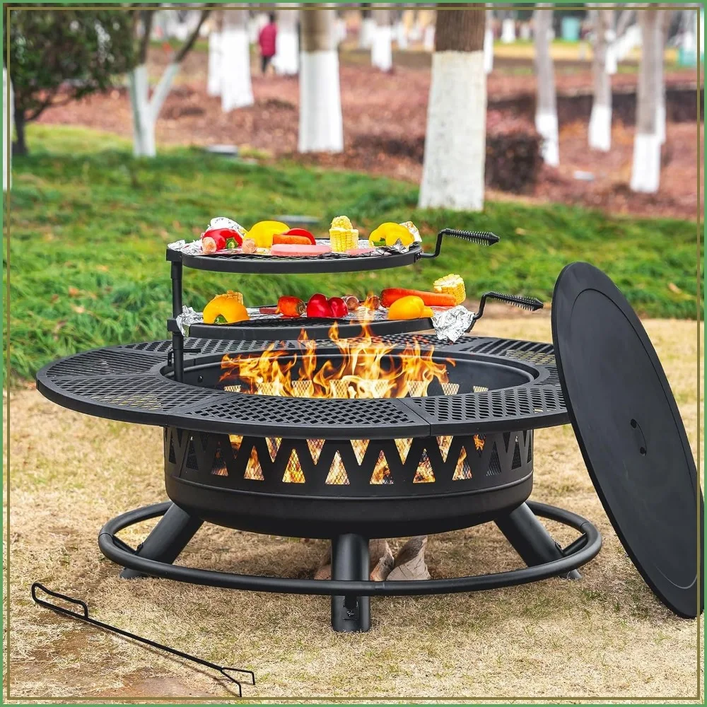 47 Inch Outdoor Fire Pit with 2 Grills, Wood Burning Large Fireplace Table for Patio