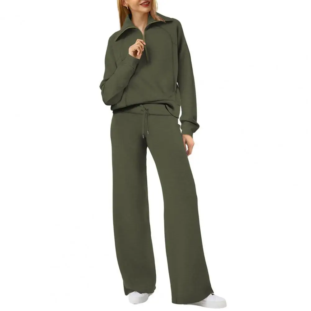 

Women Two-piece Set Stylish Women's 2-piece Set Lapel Sweatshirt Wide Leg Trousers Adjustable Waist Solid Color for Spring/fall